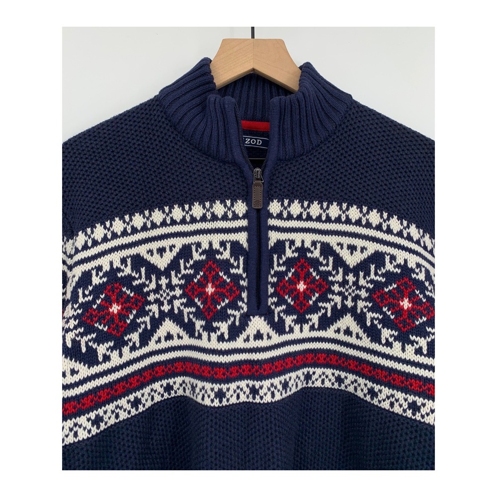 IZOD Sweater Mens XL Blue Red Nordic Fair Isle Thick Cotton Knit 1/4 Zip Ski